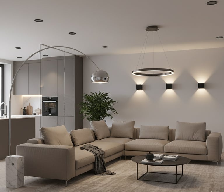 interieur met inbouwspots en wandlampen