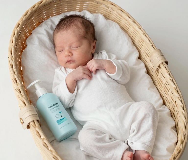 A soft pastel-themed flat lay of newborn clothes, diapers, and accessories arranged gently on a wooden surface.