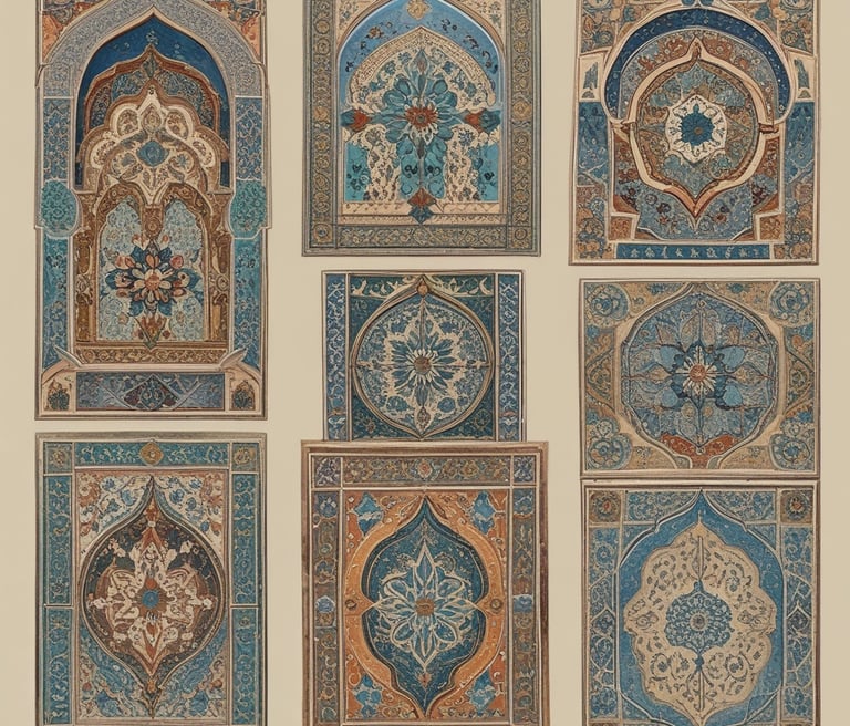 Three black canvases with intricate Arabic calligraphy in gold, each featuring unique ornate designs. The calligraphy is presented in different symmetrical shapes, with the middle canvas having a pointed arch-like form.