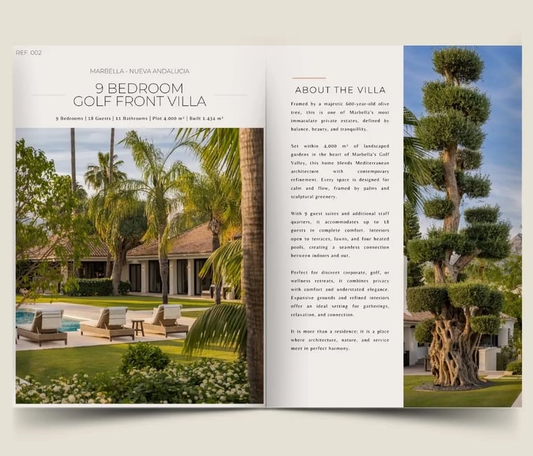 9 bedroom golf front villa dossier cover with garden and property overview