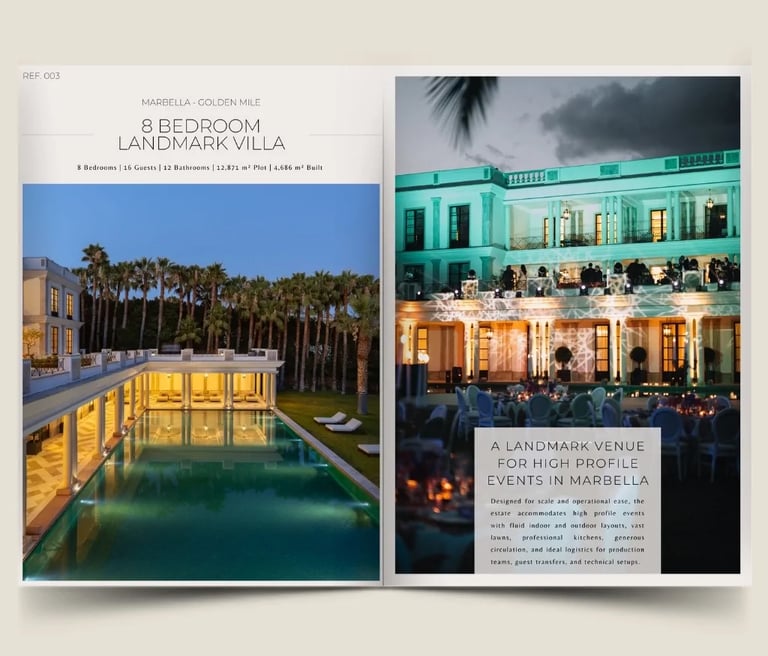 8 bedroom landmark villa dossier cover with pool and event setting