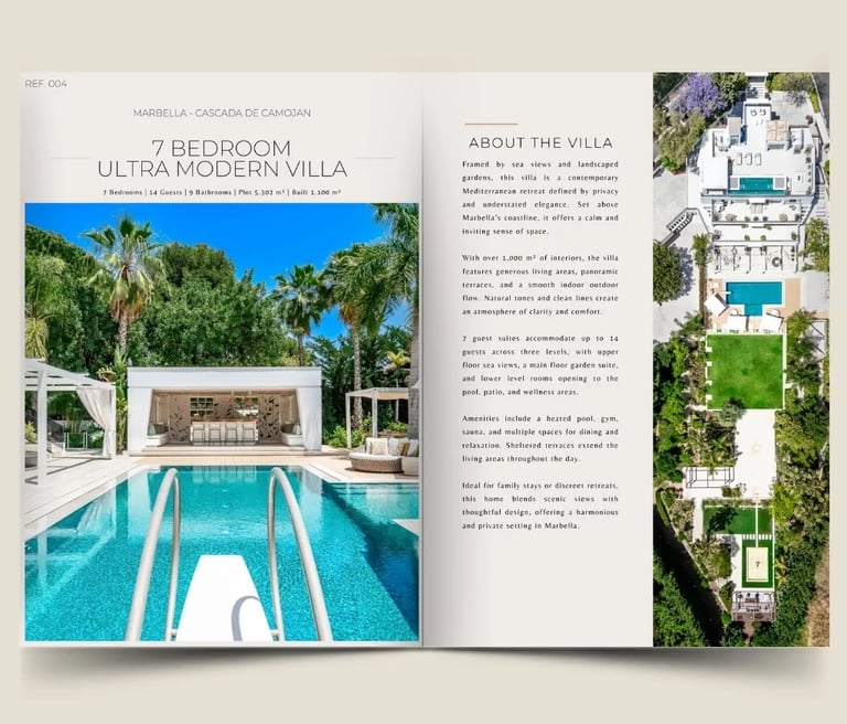 7 bedroom ultra modern villa dossier cover with pool and aerial estate view