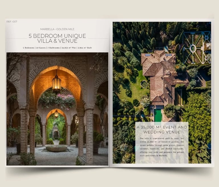 5 bedroom unique villa and venue brochure featuring historic Andalusian architecture