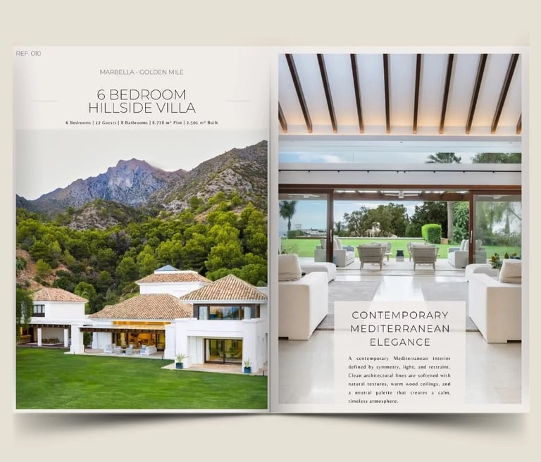 Brochure cover showing 6 bedroom hillside villa above Marbella with sea views and contemporary Mediterranean interiors