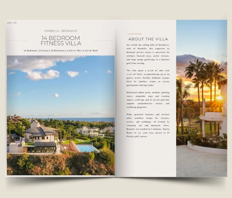 Brochure cover of 14 bedroom fitness villa in Marbella with elevated sea views