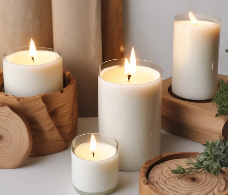 A decorative arrangement is placed against a textured wall, featuring a mix of dried and fresh leaves, various candles in different sizes and colors including red, white, and green, and a rustic candle holder. A round arrangement of red candles is set on a platter adorned with greenery and small decorative elements. The scene combines natural elements with crafted decorations, giving an eclectic and cozy appearance.