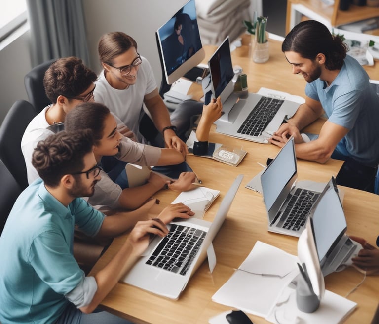 A diverse group of professionals collaborating in a modern office space.