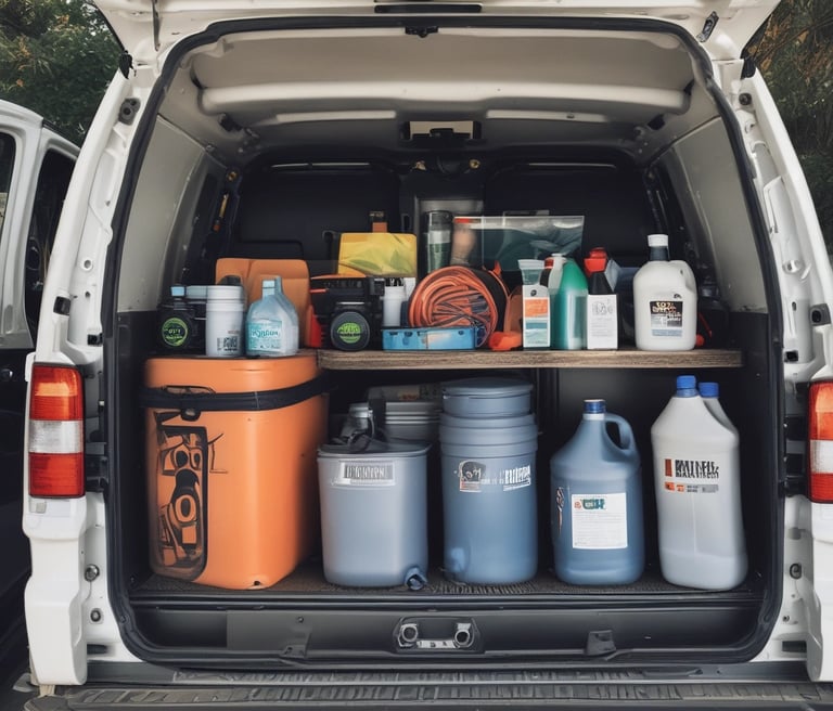 Several car care products, including bottles of wax and detailing spray, are placed on a soft cloth in a garage setting. A red tool chest stands in the background, slightly out of focus, against a backdrop of shelves and storage areas. The products feature prominent labels and branding.