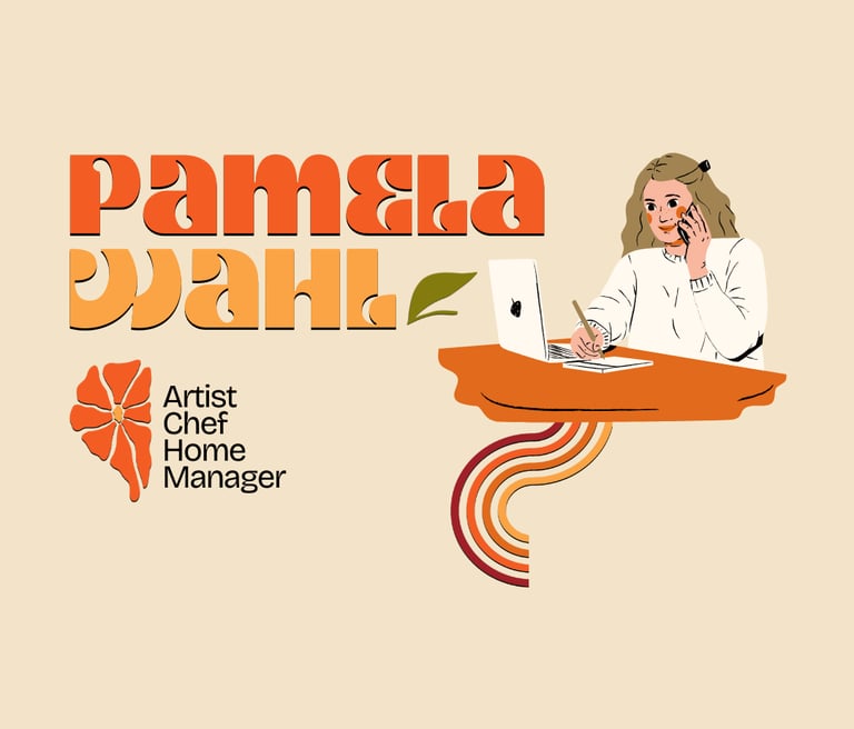 an illustrated woman sitting at a desk with a laptop
