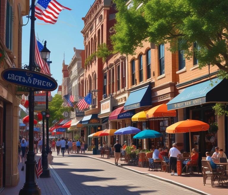 A vibrant street in Main Street USA full of shoppers and beautiful Awnings and Signs, cafes..
