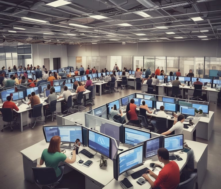 A busy airport terminal features a group of people with luggage near a row of check-in counters. Large advertisements and informational signs are visible above the counters. The floor is reflective, and people appear to be conversing and moving about with their suitcases.