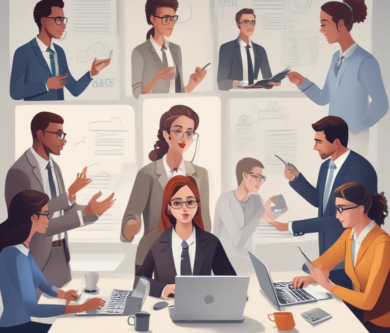 A group of six professionally dressed individuals are posed together in an office setting. Three women and three men are standing and sitting, smiling towards the camera. The background features a flat-screen monitor and a table with a lamp and decorative items.