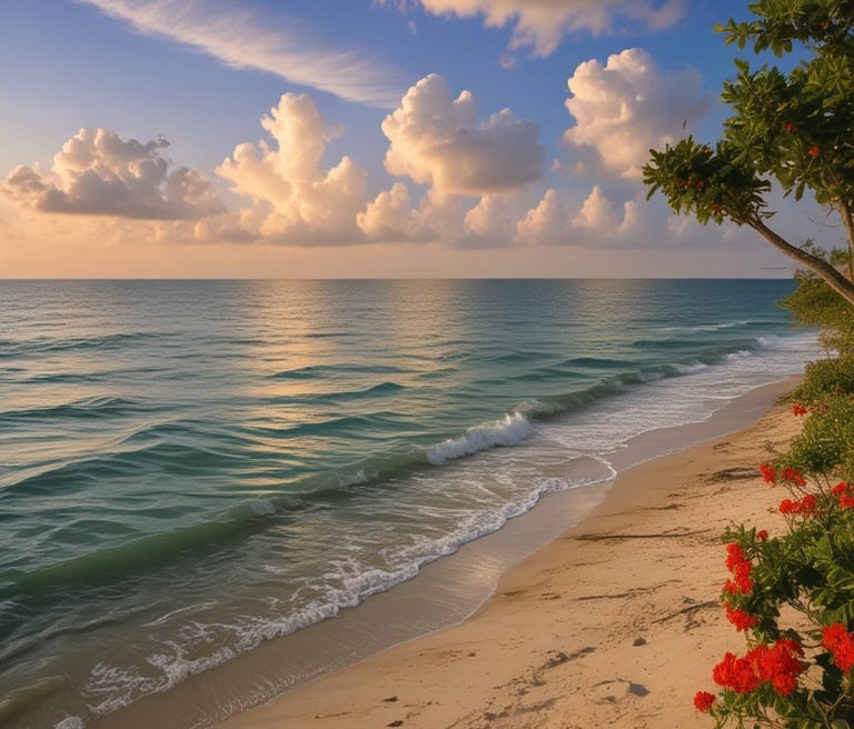 Bright lantana flowers with vibrant yellow and orange petals, clustered together against lush green leaves. Sunlight highlights the delicate texture of the petals, creating a striking contrast with the deep green foliage in the background.