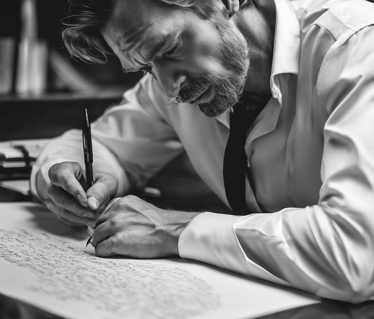 man writing on paper
