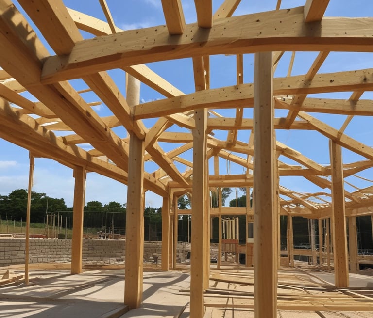 Glulam curved roof trusses and glulam posts