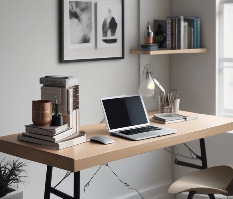 A stack of contemporary books on a wooden table with a cozy reading nook in the background.