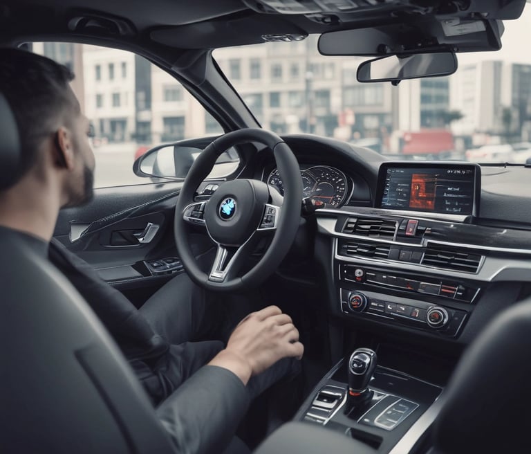 Close-up of a sleek car dashboard with illuminated digital controls.