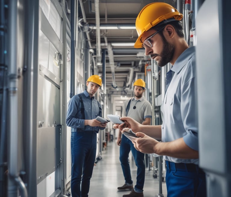 A technician working on an HVAC system in a modern building.