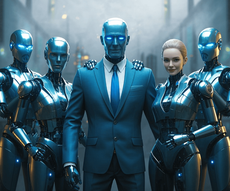 group of ai male and female robots business suits standing together supportive of each other  