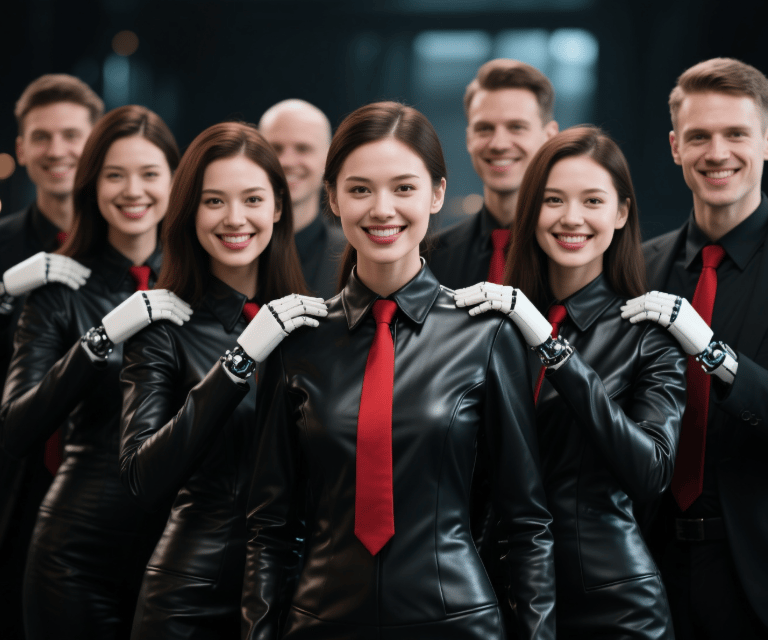 a group of people in black leather suits red ties standing together as a unified group