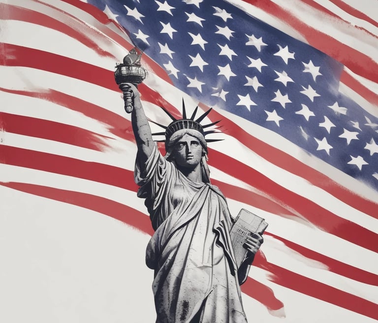 A man in a suit and tie is standing in front of an American flag and a blue curtain with a government seal partially visible. He has a serious and composed expression on his face.
