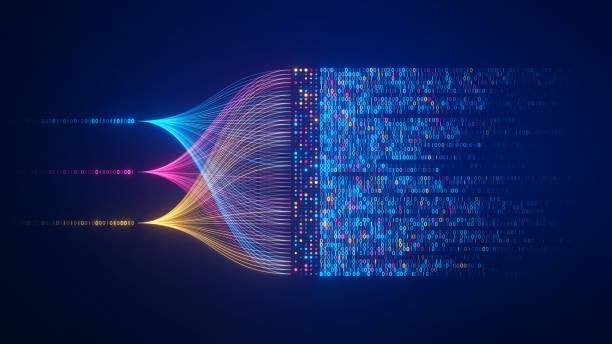 flowchart of binary code in blue red and yellow mixing into control functions