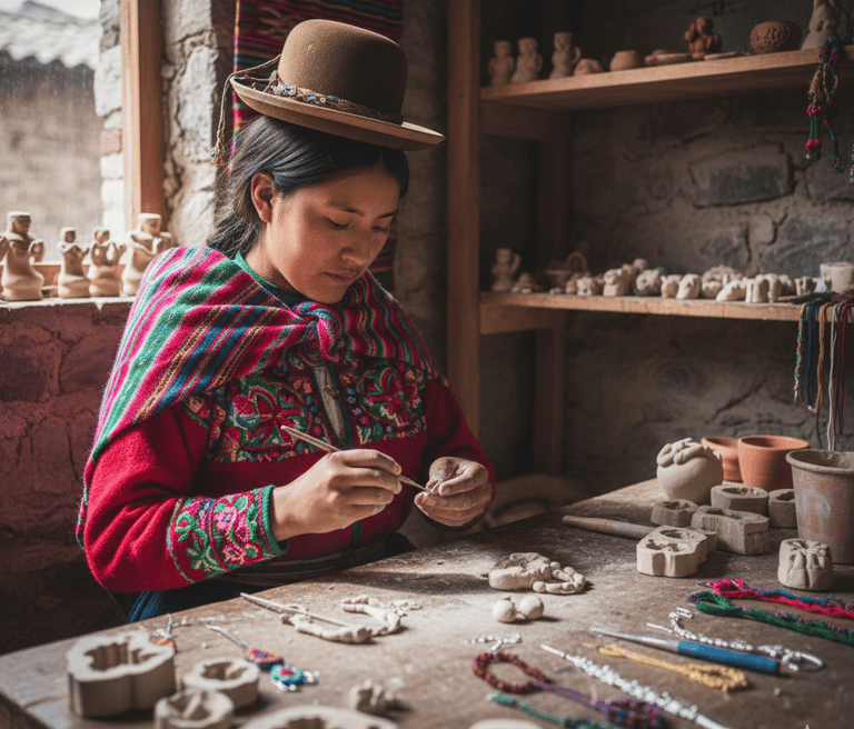 Una mujer andina con ropa tradicional peruana haciendo cerámica en un taller.