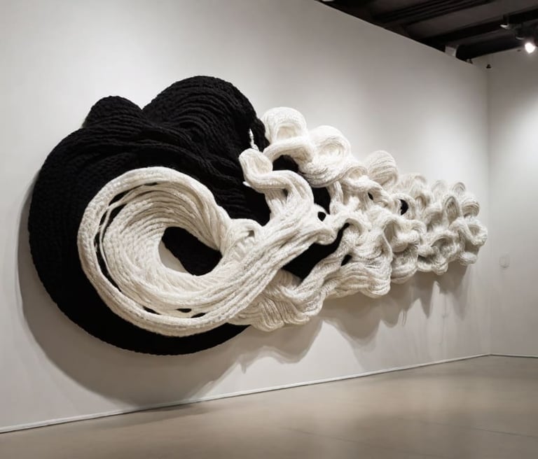 Escultura têxtil abstrata em preto e branco na parede de uma galeria.