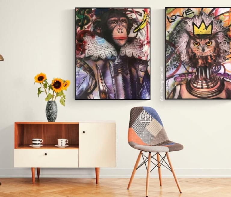 Arte pop de animais com traços marcantes e cores vivas.