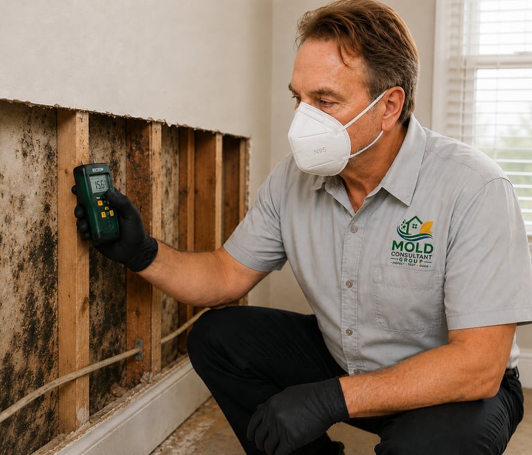 Professional mold inspector using a moisture meter to detect water damage behind a wall.