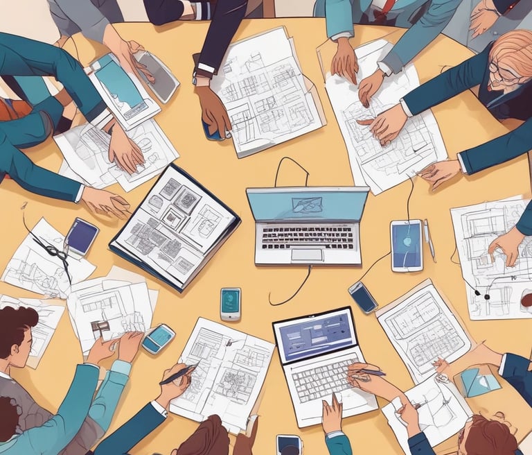A team of professionals collaborating around a laptop in a modern office setting.