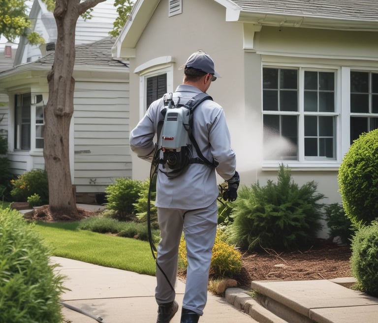 A small wooden insect house is nestled among lush green foliage and leaves, positioned against the trunk of a large tree. Surrounding the setup is a wooden fence, all contributing to a natural, serene garden setting.