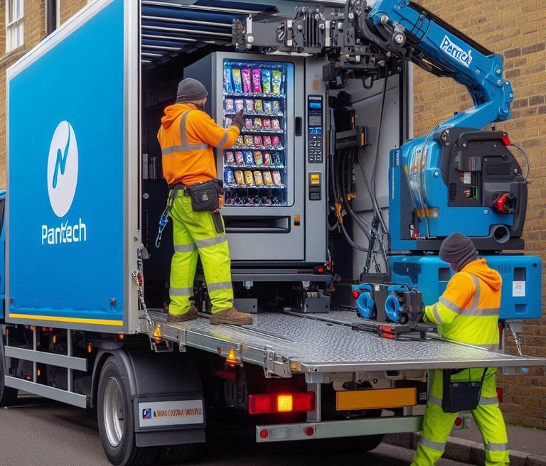 2 x vending machine transport workers moving a vending machine that is on the back of a pantech truc