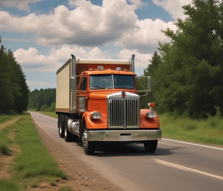 A confident truck driver checking his route on a tablet beside a fleet of trucks ready to roll at sunrise.