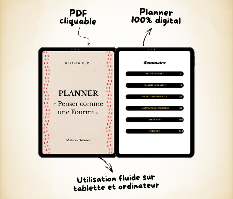 Agenda numérique affiché sur une tablette avec table des matières PDF cliquable pour l'organisation