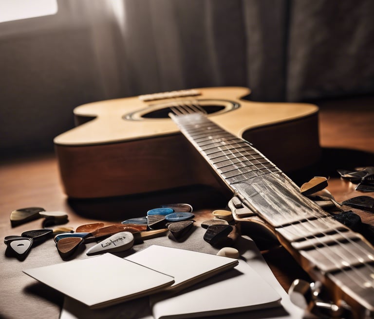 A black electric guitar is displayed next to a variety pack of guitar picks on a green surface. The picks are set on a dark, textured card, and an accompanying booklet is visible with detailed instructions and graphics.