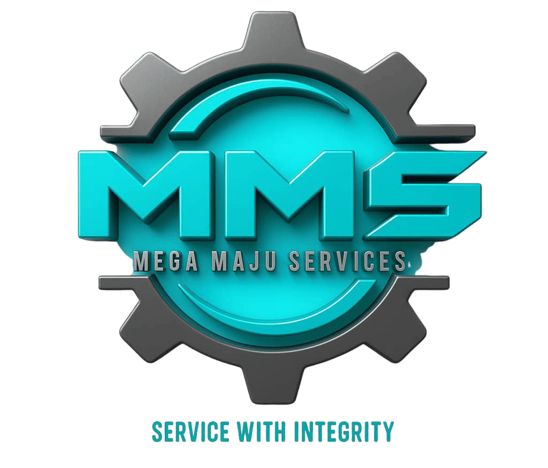 Mega Maju Services (MMS) logo – turquoise and grey 3D gear design with slogan ‘Service With Integrit