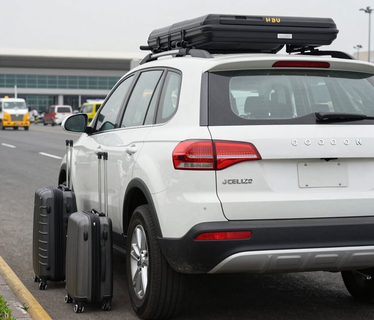 An airport shuttle bus labeled COBUS 3000 is parked on a tarmac area with two individuals wearing uniforms walking near it. The bus has visible branding for Shenzhen Baoan International Airport and features an orange roof with a small beacon light.