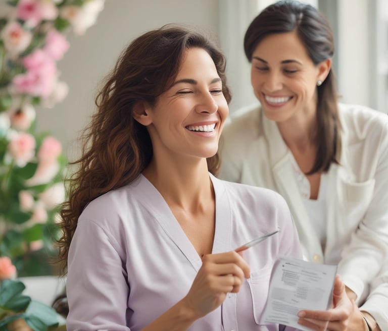 A woman is sitting in a relaxed pose, smiling while holding a black bottle with a leaf design. Another person, partially visible, is handing her a dropper bottle. They appear to be in a fitness setting, suggested by straps hanging in the background.