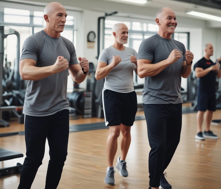 Several women are engaged in a yoga or workout session in a spacious room with large windows and a brick wall. They are wearing athletic clothing and are using yoga mats. The women appear focused and serene as they perform their exercises.