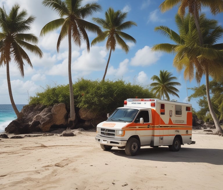 A mobile health services vehicle is parked on a street. The vehicle is beige with blue and orange accents, featuring text and logos, including 'Jockey Club Charles Kao Brain Health Services.' An illustrated portrait of a person in blue is displayed on the side. Trees and a building can be seen in the background, with metal barriers in front of the vehicle.