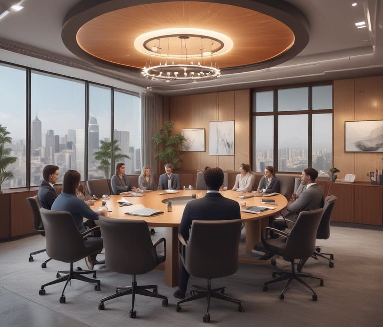 A large group of people seated around a long, rectangular conference table in a well-lit room with wooden paneling and chandeliers. There are water bottles, glasses, notebooks, and other meeting materials on the table. A couple of whiteboards are visible in the background, and the participants are mostly wearing similar attire with name tags.