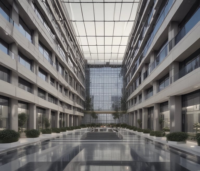 Glass-fronted building with reflections of the sky and nearby structures. Rows of greenery are integrated into the design above the windows. Large text on the building's facade reads 'Transforming Business for Good.'