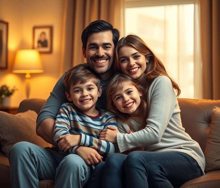 a happy family of a father, mother and thier kids protected with life insurance