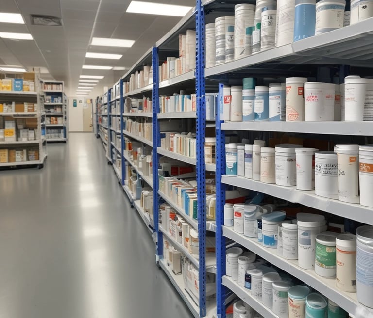 A bright, organized warehouse in Brisbane filled with neatly stacked medical supplies and packages ready for delivery.