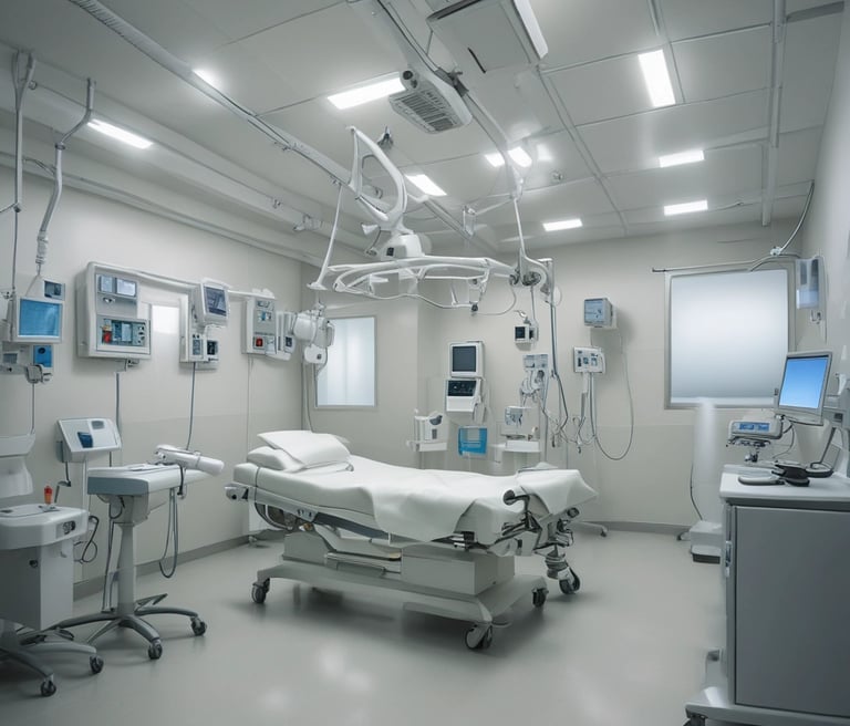 Modern hospital building with medical staff in discussion