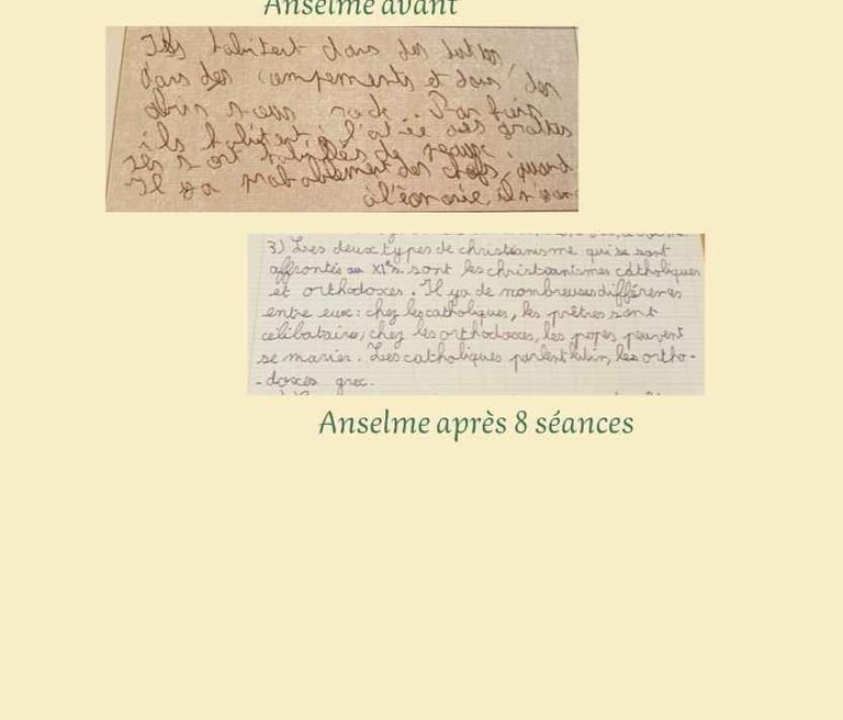 Images de l'écriture de Anselme avant et après un suivi en graphopédagogie.