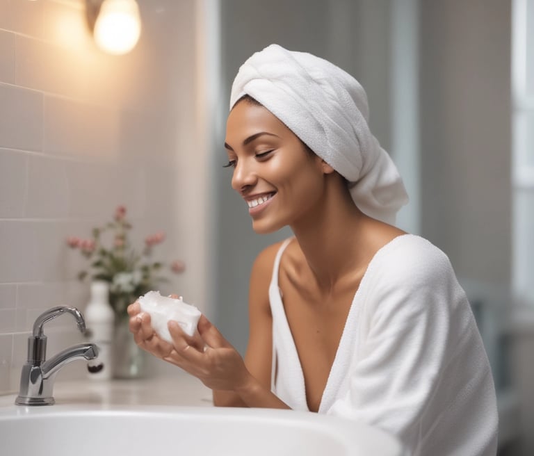 A collection of skincare products displayed on a light beige stone surface. The background features a soft, muted pink curtain with dried floral arrangements, adding an organic and natural element. The products are arranged in an aesthetically pleasing manner, with variations in height and texture for visual interest.