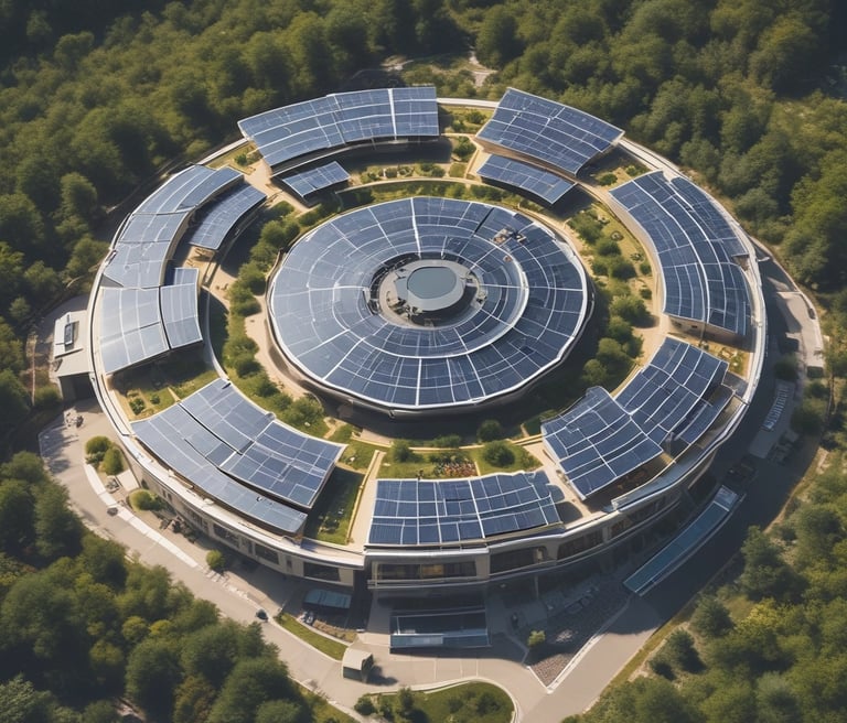 An aerial view of a building with a large array of solar panels on its roof. The structure is surrounded by greenery, pathways, and some smaller structures or landscaped areas. The environment appears to be a mix of natural and man-made elements, suggesting a focus on sustainability.