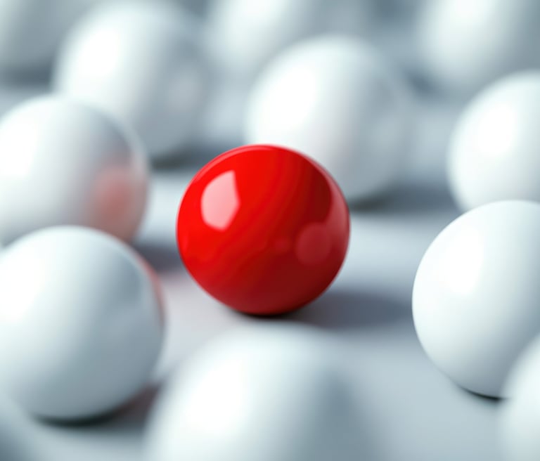 a red ball in a group of white balls